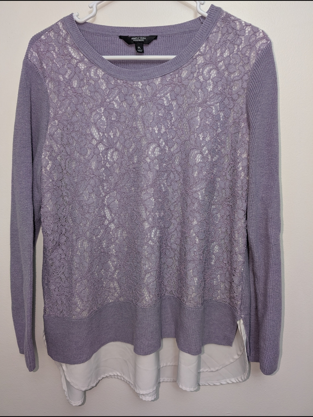 Simply Vera Vera Wang Lavender Lace-Front Layered Pullover Size Petite Large